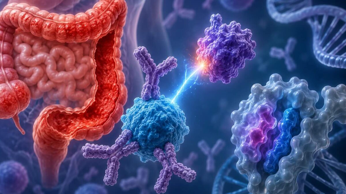 Doença inflamatória intestinal: Ilustração de autoanticorpos interleucina-10 DII neutralizando a interleucina-10 e sua associação genética com HLA-DRB1*01:03.
