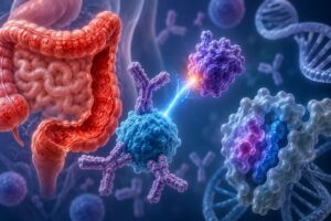 Doença inflamatória intestinal: Ilustração de autoanticorpos interleucina-10 DII neutralizando a interleucina-10 e sua associação genética com HLA-DRB1*01:03.