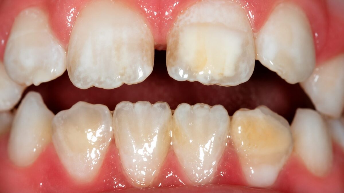 Imagem mostrando dentes com hipomineralização molar incisivo, evidenciando opacidades e defeitos no esmalte dentário em criança.