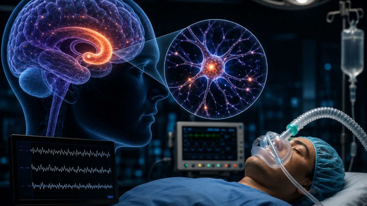 imagem do hipocampo humano mostrando plasticidade e processamento de linguagem durante anestesia geral.