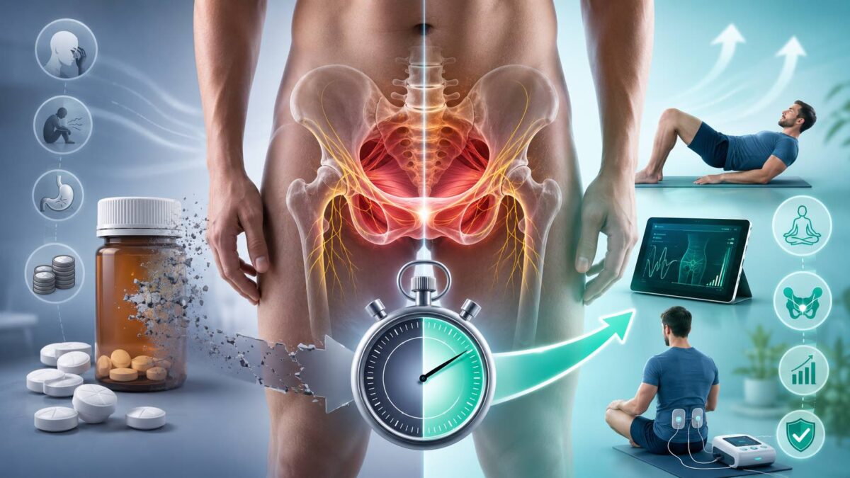 Ilustração mostrando exercícios de fisioterapia para ejaculação precoce, com foco no fortalecimento do assoalho pélvico.