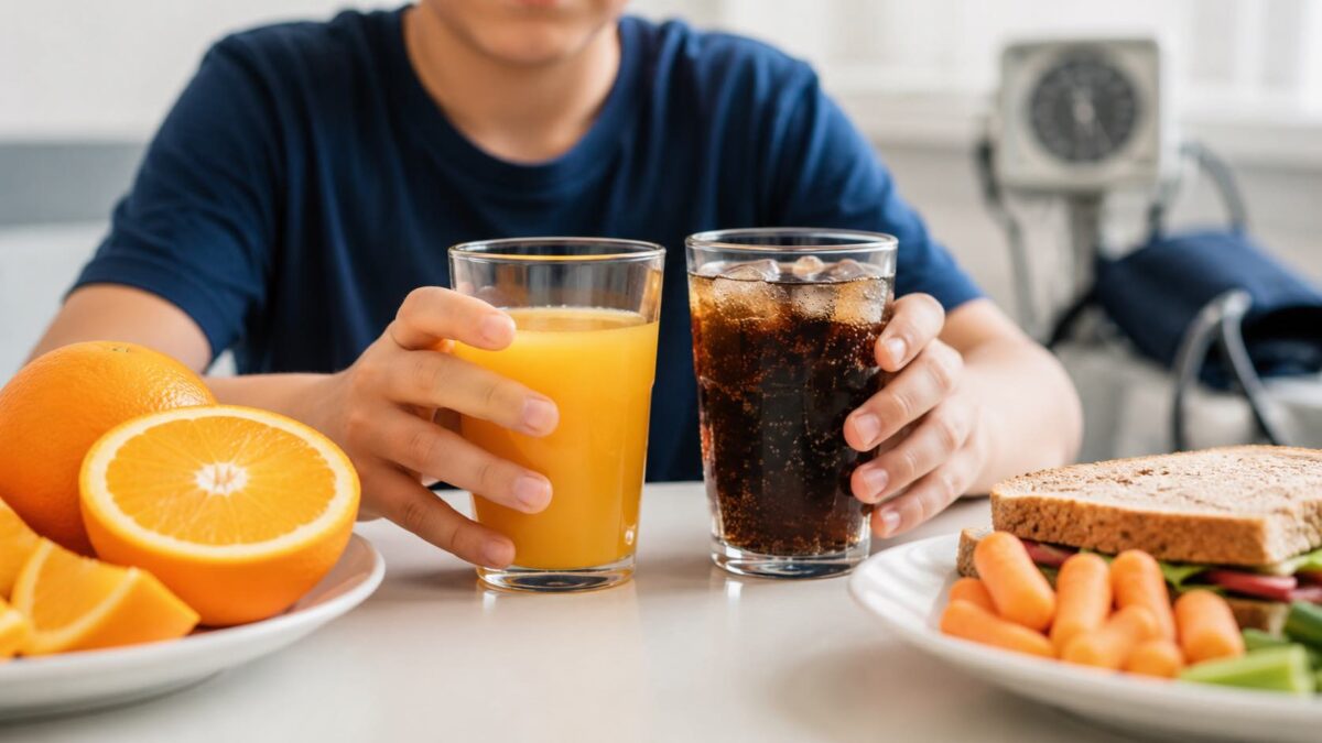 Frutose hipertensão: Imagem mostra refrigerante, suco de laranja e frutas inteiras, destacando o impacto na pressão arterial.