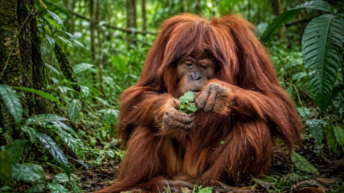 Automedicação orangotango: animal mastiga planta Fibraurea tinctoria e aplica sobre ferida facial.