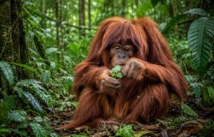 Automedicação orangotango: animal mastiga planta Fibraurea tinctoria e aplica sobre ferida facial.