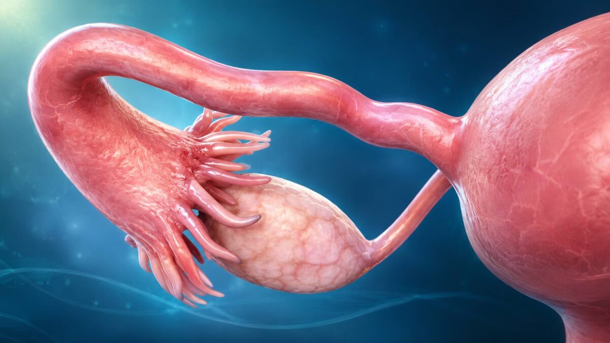 Imagem representando a remodelação do ovário pós-menopausa, com mudanças na matriz extracelular e inflamação.