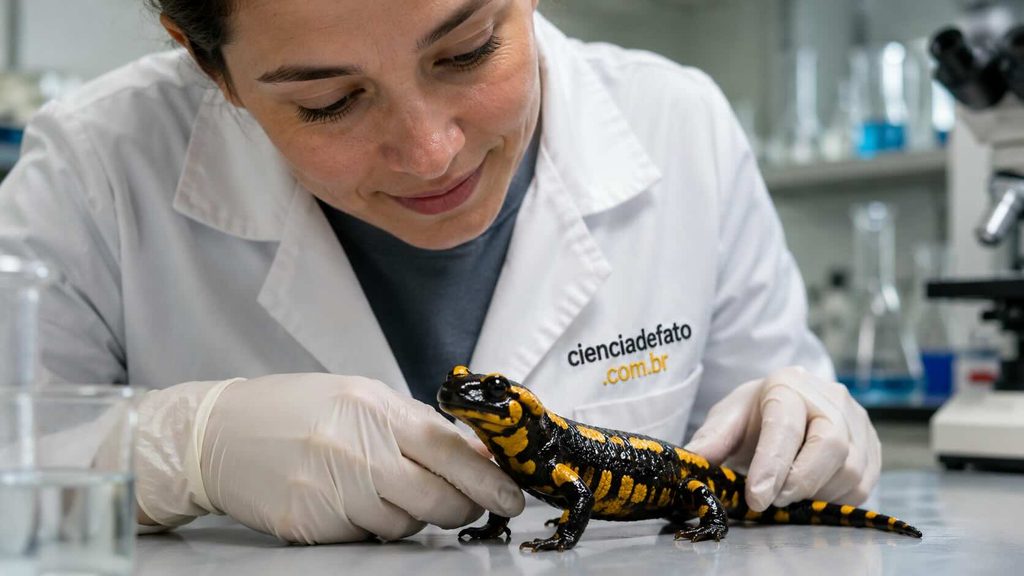 Salamandra-de-fogo sob luz normal, preta com manchas amarelas, na mesa de estudo de uma pesquisadora.