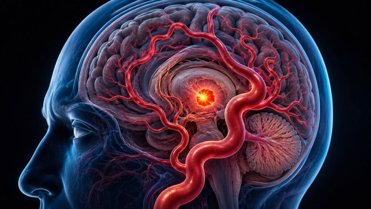 Imagem de IA mostrando dolicoectasia e AVC lacunar associados à doença de pequenos vasos cerebrais.