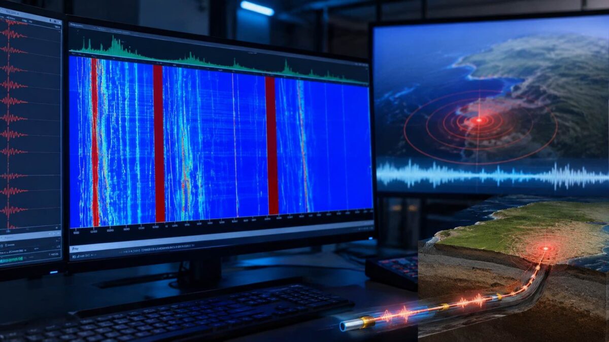 Sistema de alerta de terremoto com fibra óptica detectando ondas sísmicas em tempo real.