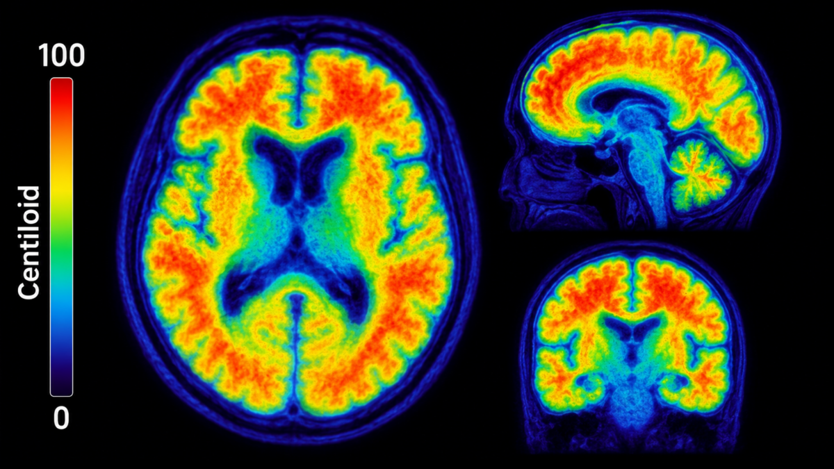 Imagem de PET amiloide cerebral com escala de cores mostrando captação do traçador em regiões típicas do Alzheimer, ilustrando o conceito da escala Centiloid.