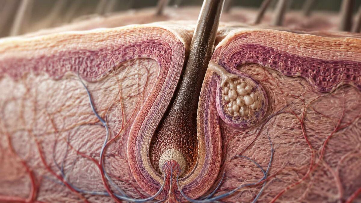 Imagem 3D de folículo piloso mostrando células da bainha externa que puxam o cabelo para crescer por tração.