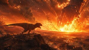 Ilustração de poeira fina causando calor extremo e incêndios globais após o impacto do asteroide que levou à extinção dos dinossauros.