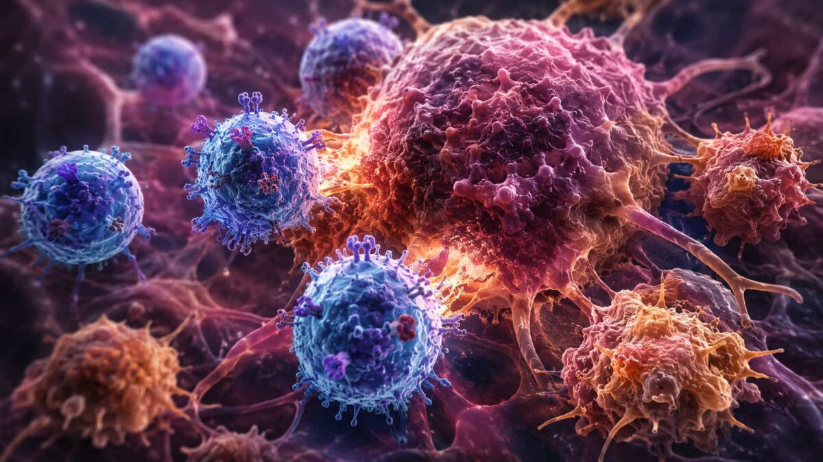 Conceito de terapia com GPNMB CAR-T para glioblastoma visando eliminação de células tumorais e macrófagos.