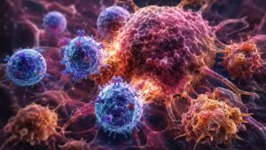 Conceito de terapia com GPNMB CAR-T para glioblastoma visando eliminação de células tumorais e macrófagos.