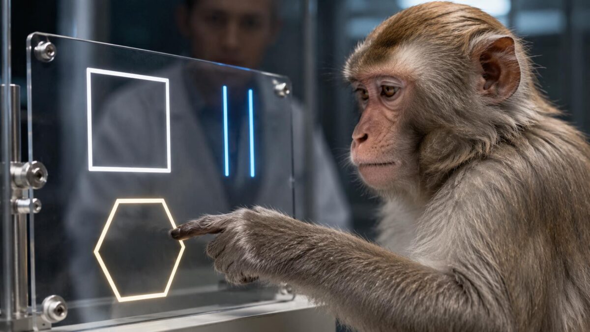 Macaco realizando teste de correspondência de formas geométricas em tela sensível ao toque, demonstrando intuição geométrica similar à humana.