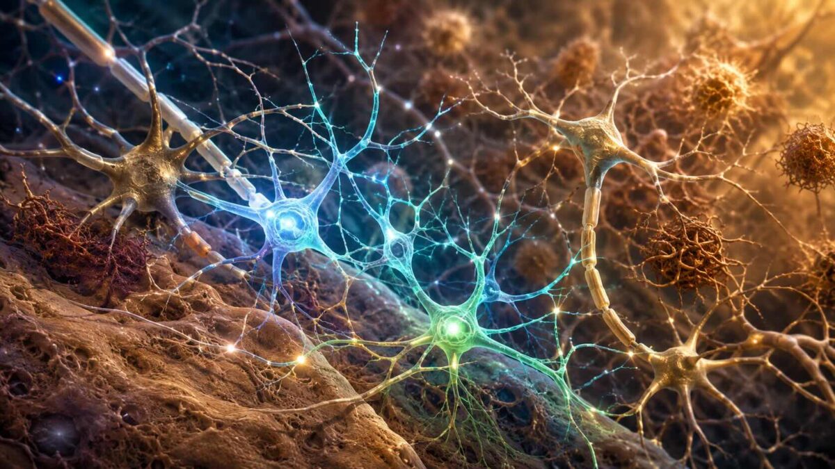 Ilustração científica de neurônios imaturos no hipocampo envelhecido, destacando seu papel na resiliência cognitiva e na proteção contra a doença de Alzheimer.