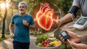 Colagem sobre prevenção da insuficiência cardíaca: homem correndo, coração anatômico, prato de vegetais e medição de pressão e glicose.