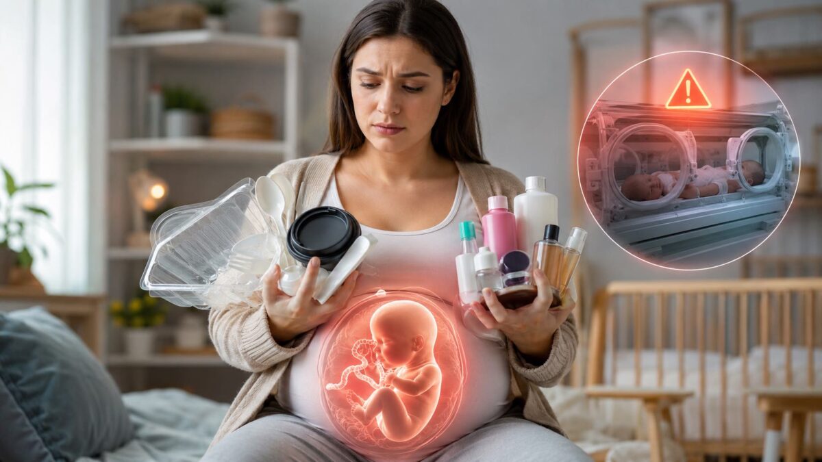 Grávida segura utensílios plásticos e cosméticos, representando exposição a produtos químicos na gravidez que podem levar a parto prematuro, segundo estudo da JAMA Network Open.