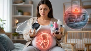 Grávida segura utensílios plásticos e cosméticos, representando exposição a produtos químicos na gravidez que podem levar a parto prematuro, segundo estudo da JAMA Network Open.