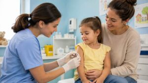 Criança recebendo vacina tetraviral durante consulta pediátrica, ilustrando acesso à imunização infantil.