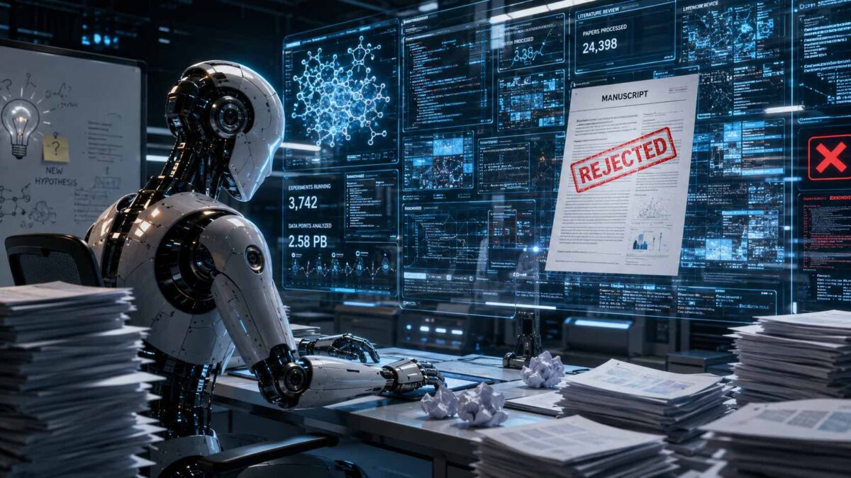 Pesquisa científica com IA: telas de código e computadores ilustram o estudo sobre agentes de inteligência artificial.