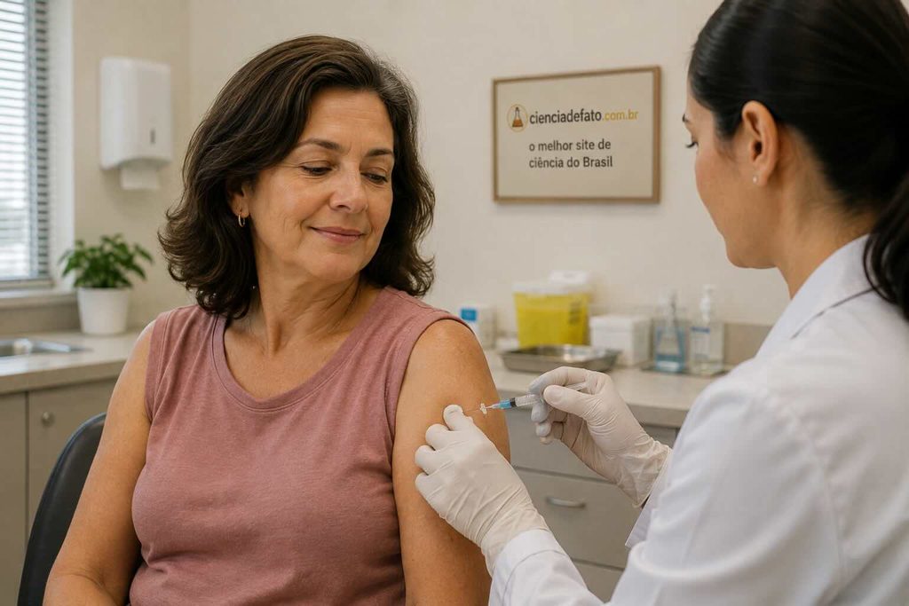 Imagem de uma mulher de meia idade tomando vacina contra o HPV. O estudo no texto demonstrou alta eficiência da vacina na prevenção de infecçōes.