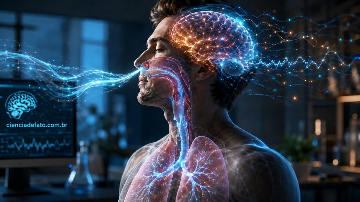 Imagem ilustrando a conexão entre respiração e cérebro, com ondas cerebrais e representação do fluxo de ar, tema do estudo da UC San Diego.
