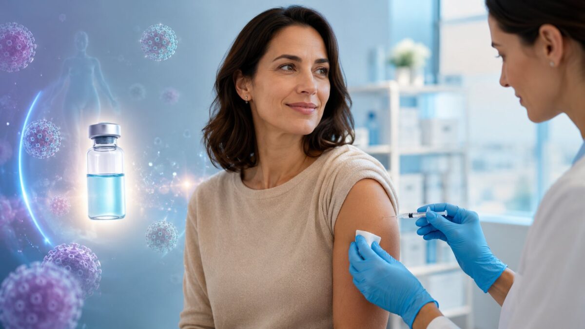 Mulher adulta recebendo vacina contra HPV em consultório médico, ilustrando a vacinação em adultos