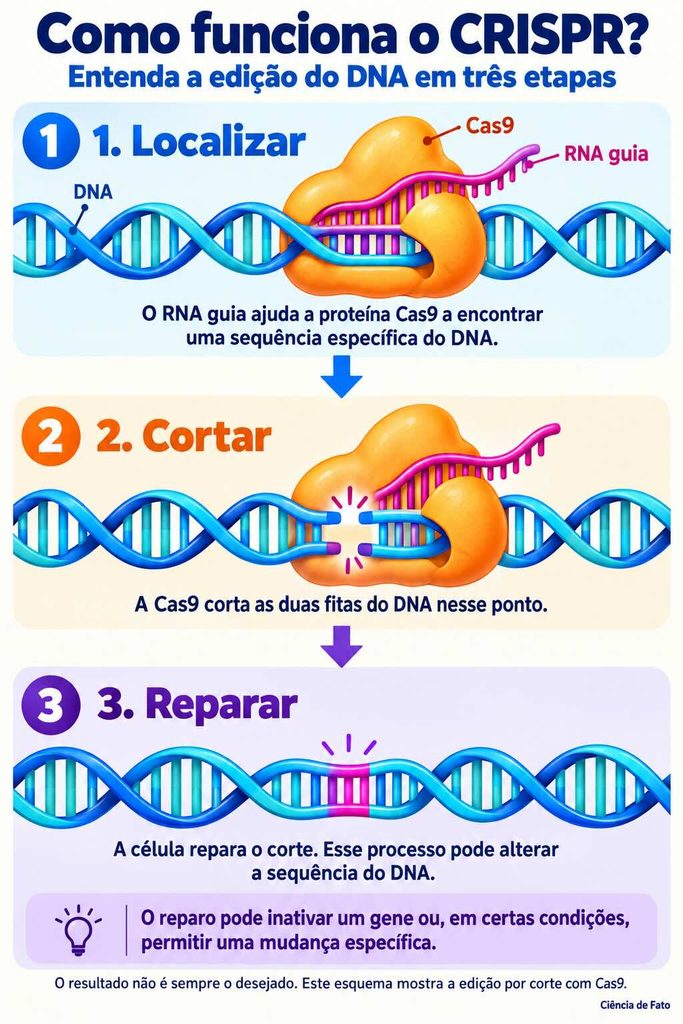 Infográfico em três etapas de como funciona o CRISPR: o RNA guia leva a proteína Cas9 até o trecho escolhido do DNA, a Cas9 corta as duas fitas e a célula repara o corte