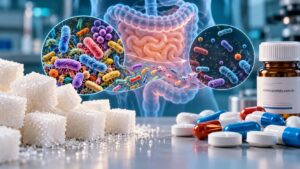 Açúcar e antibiótico: cubos de açúcar ao lado de comprimidos ilustram o efeito na microbiota intestinal