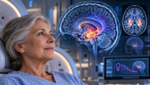 Cérebro de mulher idosa em exame de imagem: menopausa precoce pode estar ligada ao Alzheimer