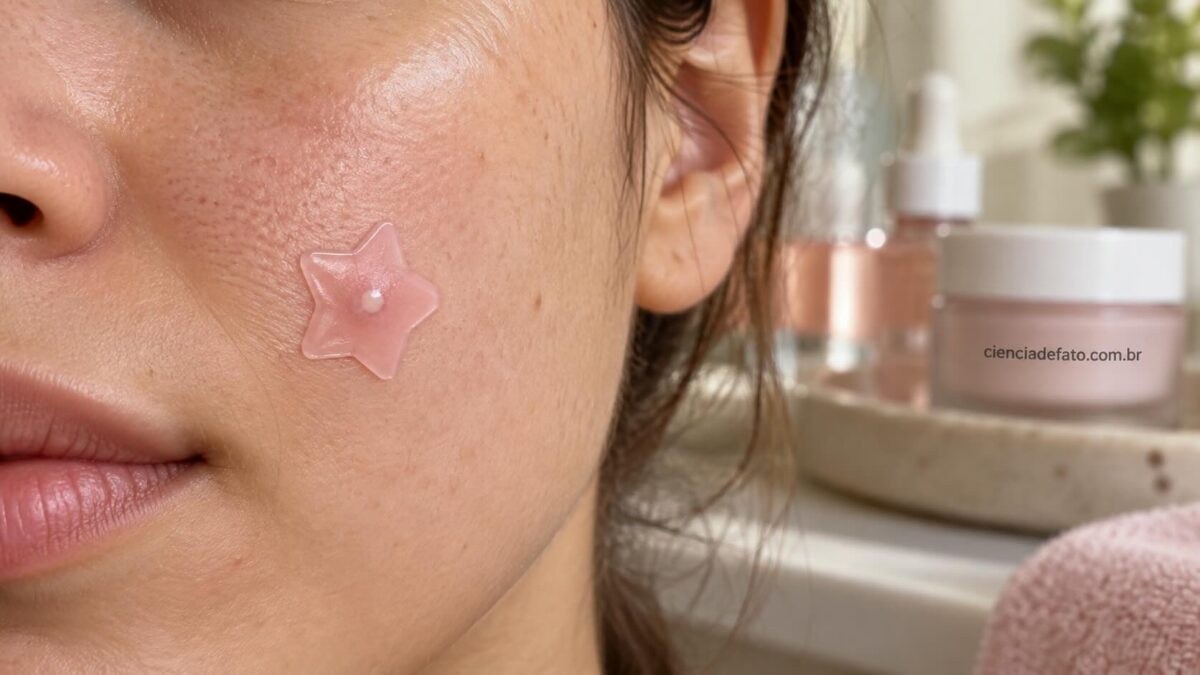 Pimple patch, adesivo hidrocoloide aplicado sobre espinha com ponta branca para absorver pus e proteger a pele