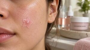 Pimple patch, adesivo hidrocoloide aplicado sobre espinha com ponta branca para absorver pus e proteger a pele