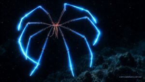 Aranha-do-mar gigante de corpo vermelho e pernas longas e finas caminhando sobre o fundo do mar, a cerca de 1.500 metros de profundidade
