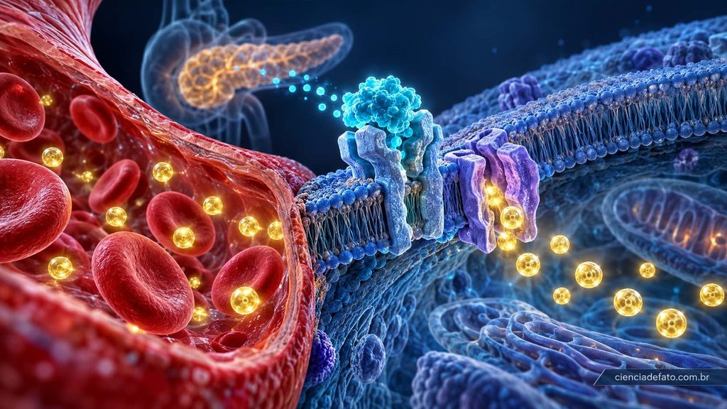 Ilustração científica mostrando insulina ligando-se ao receptor e permitindo a entrada de glicose na célula.