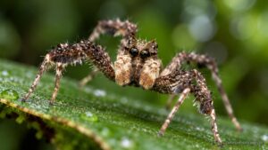 Ilustração de uma aranha saltadora de olhos grandes e corpo peludo sobre uma folha verde