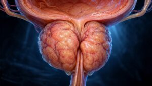 visualização anatómica hiper realista, textura glandular e vascular detalhada, bexiga acima e uretra atravessando a próstata aumentada.