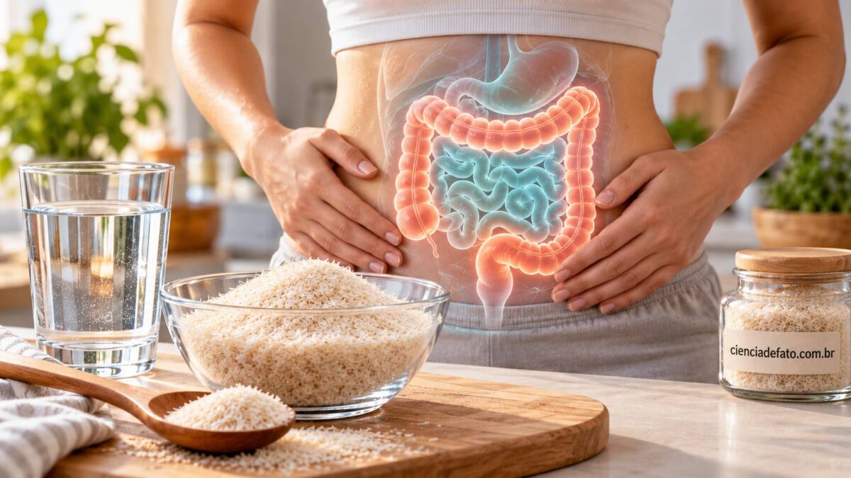 Vasilha com suplemento de fibra em pó, como o psyllium, melhora intestino irritável
