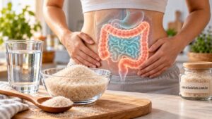 Vasilha com suplemento de fibra em pó, como o psyllium, melhora intestino irritável
