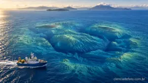 Vista aérea da caldeira do supervulcão Kikai, no Japão, cercada pelo oceano