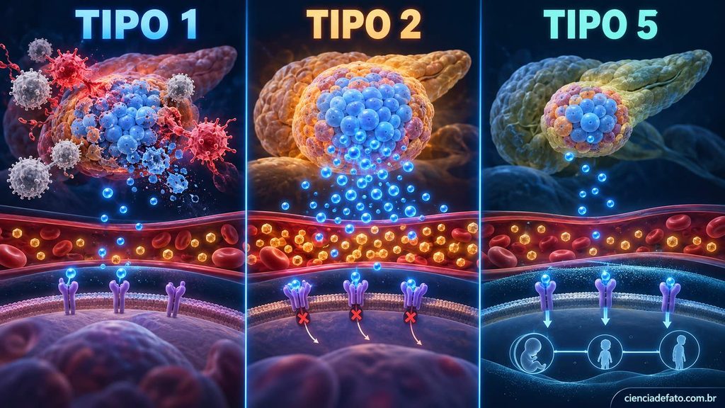 Comparação ilustrada dos mecanismos do diabetes tipo 1, tipo 2 e do tipo 5 proposto.