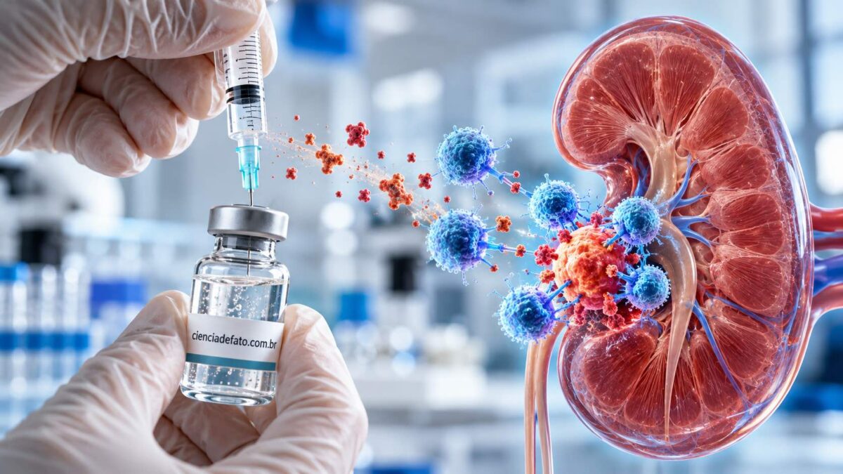 Médica aplica injeção de vacina contra câncer de rim no braço de paciente durante ensaio clínico