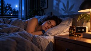 Pessoa dormindo na cama à noite, com foco em maconha para dormir e qualidade do sono