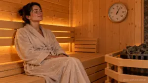 Interior rústico de sauna de madeira com uma pessoa sob luz ambiente quente e aconchegante