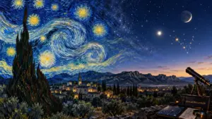 Reprodução da pintura Noite Estrelada, de Van Gogh, com o céu noturno em espirais, estrelas e a lua crescente